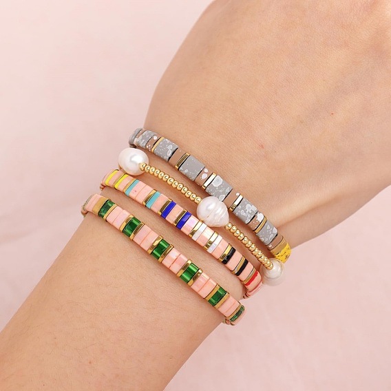 5 Браслеты из стеклянного бисера и латунных бусин, эластичные, для женщин, прямоугольные