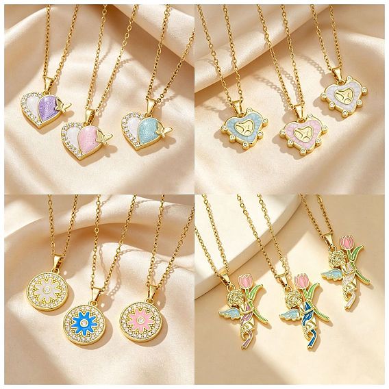 Brass Enamel Heart Angel Flat Round Pendant 201 Stainless Steel Cable Chain Necklaces for Women, Golden, with Crystal Rhinestone