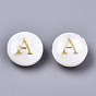 Natural Freshwater Shell Beads, with Golden Plated Brass Etched Metal Embellishments, Flat Round with Letter, Alphabet, Seashell Color