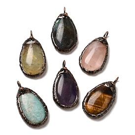 Natural Gemstone Pendants, Red Copper Tone Brass Teardrop Charms