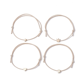 4Pcs 4 Style Brass Braided Bead Bracelets Set, Waxed Polyester Cord Adjustable Bracelets, Star & Moon & Crown & Heart