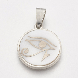 201 Stainless Steel Pendants, with Shell, Flat Round with Egyptian Eye of Ra/Re