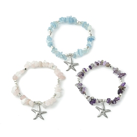 Natural Mixed Gemstone Chips Beaded Stretch Bracelets Set, 304 Stainless Steel Starfish Charms Stackable Bracelets for Women