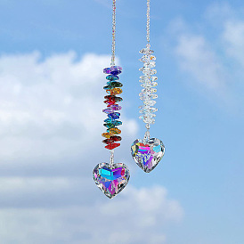 Glass Heart Pendant Decorations, Hanging Suncatchers, with Natural Glass Beaded for Home Garden Decorations