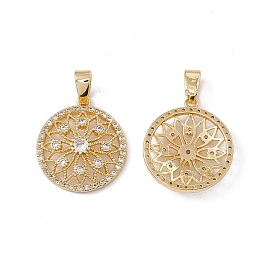 Brass Micro Pave Clear Cubic Zirconia Pendants, Hollow Flat Round with Flower Charm
