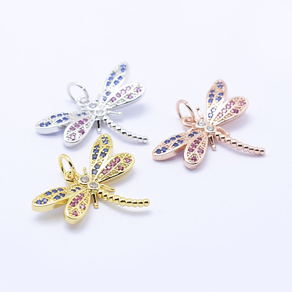 Brass Micro Pave Cubic Zirconia Pendants, Dragonfly, Lead Free & Nickel Free & Cadmium Free, Colorful