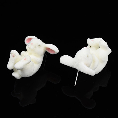 Resin Rabbit Stud Earrings with 925 Sterling Silver Pins, Flocky Animal Earrings for Women