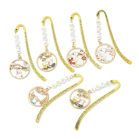 Chinese Style Rabbit Alloy Enamel Pendant Bookmarks, Hook Bookmark with Acrylic Beaded Word LOVE