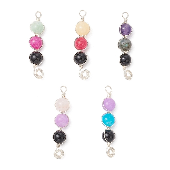 5 шт. 5 стили крашеный натуральный малайзийский нефрит и аметист и черный оникс (окрашенный и нагретый) и розовый кварц и лабрадорит круглые бусины подвески, подвески-талисманы из медной проволоки с вихревыми камнями, разноцветные