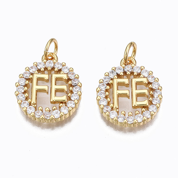 Brass Micro Pave Clear Cubic Zirconia Pendants, with Jump Rings, Nickel Free, Ring with Word FE
