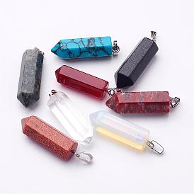 Mixed Stone Pendants, with Random Style Clasps, Assorted Colors, 31~33x8~9mm, Hole: 2mm