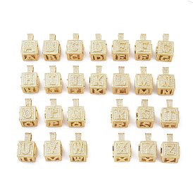 Alphabet Brass Micro Pave Clear Cubic Zirconia Pendants, Real 18K Gold Plated, Cube with Letter