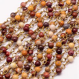 Handmade Gemstone Beaded Chains, with Spool, Unwelded, with Brass Eye Pin