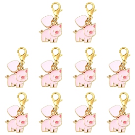 10Stück 2Stile Legierung Emaille Anhänger Dekorationen, Schwein, mit Alu-Karabiner Schnallen, golden
