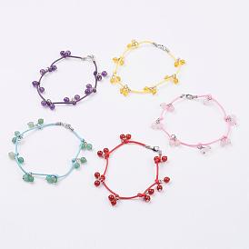 Bracelets de cheville de pierres précieuses naturelles, avec ciré de polyester, accessoires en laiton et en fer, platine