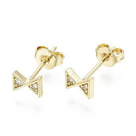 Brass Micro Pave Clear Cubic Zirconia Stud Earrings, with Ear Nuts, Nickel Free, Bowknot