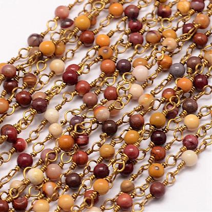 Handmade Gemstone Beaded Chains, with Spool, Unwelded, with Brass Eye Pin