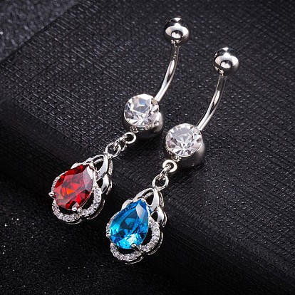 Piercing Jewelry, Brass Cubic Zirconia Navel Ring, Belly Rings, with 304 Stainless Steel Bar, Lead Free & Cadmium Free, Drop