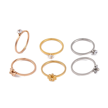 Flower 304 Stainless Steel Finger Ring Set for Women, Solitaire Ring with Cubic Zirconia