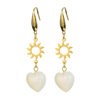 2 paire 2 style boucles d'oreilles pendantes en forme de cœur en opalite, boucles d'oreilles longues en alliage lune et soleil avec épingles chirurgicales en acier inoxydable