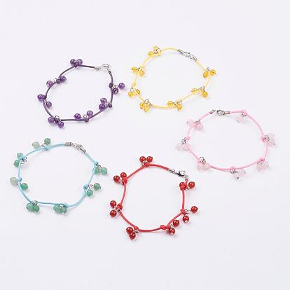 Bracelets de cheville de pierres précieuses naturelles, avec ciré de polyester, accessoires en laiton et en fer, platine
