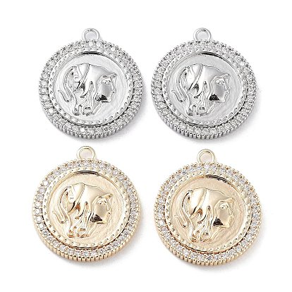 Brass Micro Pave Clear Cubic Zirconia Pendants, Cadmium Free & Nickel Free & Lead Free, Flat Round with Women Charms
