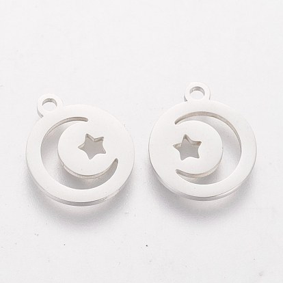 201 Stainless Steel Charms, Flat Round with Moon and Star