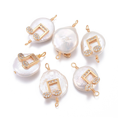 Natural Pearl Links Connectors, with Brass Cubic Zirconia Findings, Nuggets with Musical Note, Golden