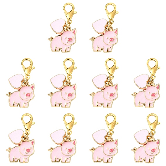 10Pcs 2 Styles Alloy Enamel Pendant Decorations, Pig, with Alloy Lobster Claw Clasps, Golden