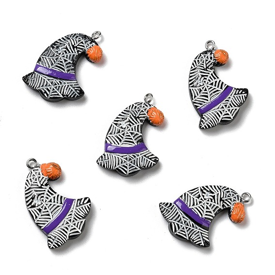 Halloween Opaque Resin Pendants, with Platinum Tone Iron Loops, Witch Hat