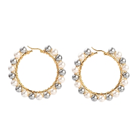 304 Stainless Steel Hoop Earrings, Hypoallergenic Earrings, with Round Shell Pearl Beads, Ring Shape, Golden