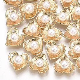 Brass Charms, with ABS Plastic Imitation Pearl, Heart, Creamy White, Real 18K Gold Plated