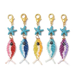 Подвеска в виде рыбьей стеклянной рыбки и синтетической бирюзы с морскими звездами, с 304 из нержавеющей стали Lobster Claw застежками