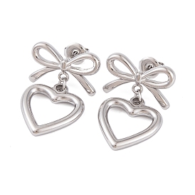 Bowknot 304 Stainless Steel Stud Earrings, Heart Dangle Earrings for Women