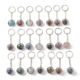 Natural & Synthetic Gemstone Keychain, with Platinum Tone Alloy Key Ring and Brass Findings, Lead Free & Cadmium Free, Round