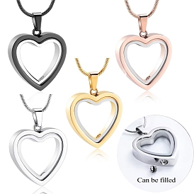 Stainless Steel & Glass Heart Pendant Urn Ashes Necklaces, Mini Cinerary Casket Pendant Round Snake Chain Necklaces for Women Men