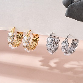 Серьги-кольца из искусственного жемчуга с цветком из латуни и АБС-пластика, без свинца и без кадмия, долговечный, стойки покрытие