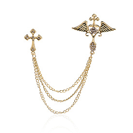 Sparkling Angel Wing Cross Deer Head Brooch with British Chain and Tassel for Fashionable Look