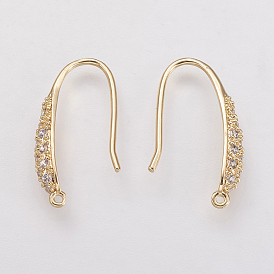Brass Micro Pave Cubic Zirconia Earring Hooks, with Horizontal Loop, Real 18K Gold Plated