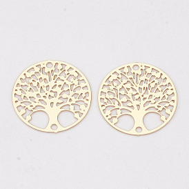 Brass Links Connectors, Etched Metal Embellishments, Long-Lasting Plated, Flat Round with Tree of Life