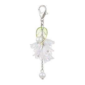 Décorations pendentif acrylique, avec perles d'imitation de verre et fermoirs mousquetons en alliage, fleurs avec des feuilles