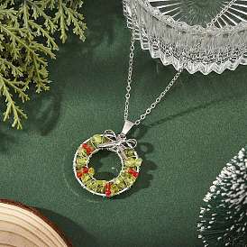 Transparent Glass and Natural Peridot Chip Wire Wrapped Pendant Brass Cable Chain Necklaces, Silver Color Plated