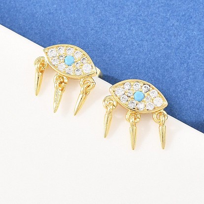 Серьги-гвоздики с подвесками из латуни с микропаве из кубических цирконий и глазом-конусом, долговечный