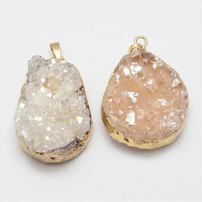 Electroplated Natural Crystal Pendants, with Golden Tone Brass Findings, Dyed, Nuggets