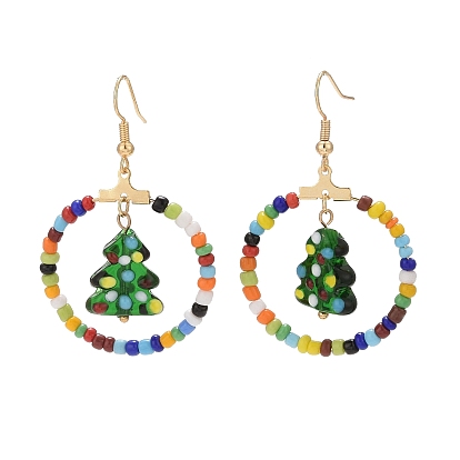 Glass Seed Beaded Ring with Lampwork Christmas Tree Dangle Earrings, Brass Jewelry for Women