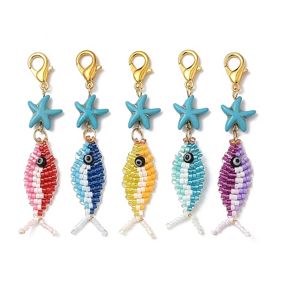 Подвеска в виде рыбьей стеклянной рыбки и синтетической бирюзы с морскими звездами, с 304 из нержавеющей стали Lobster Claw застежками