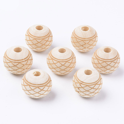 Unfinished Natural Wood European Beads, Large Hole Beads, for DIY Painting Craft, Laser Engraved Pattern, Round with Grid Pattern