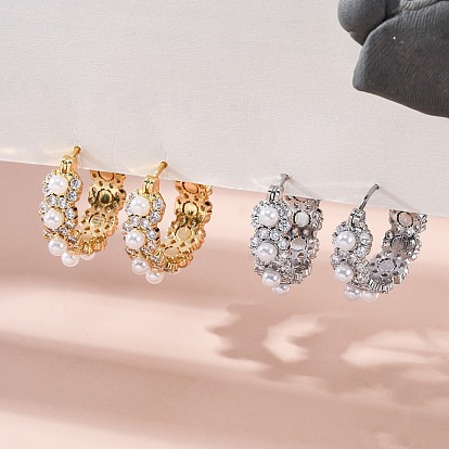 Серьги-кольца из искусственного жемчуга с цветком из латуни и АБС-пластика, без свинца и без кадмия, долговечный, стойки покрытие