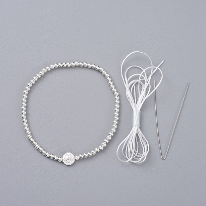 925 ensembles de bracelets extensibles en perles en argent sterling, avec fil artisanal en queue de tigre, chaîne de cristal élastique plat, sac en velours et tissu de polissage argenté, plat rond avec une spirale