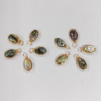 10 pcs pendentifs en coquille d'ormeau naturel/coquille de paua câblés en cuivre, charmes ovales